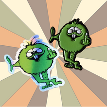 Load image into Gallery viewer, 80&#39;s BMX Retro Decal and Pin | Green BMX Troll Flips Bird | Pin &amp; Sticker Set